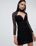 Rare London High Neck Sweetheart Lace Dress - Black