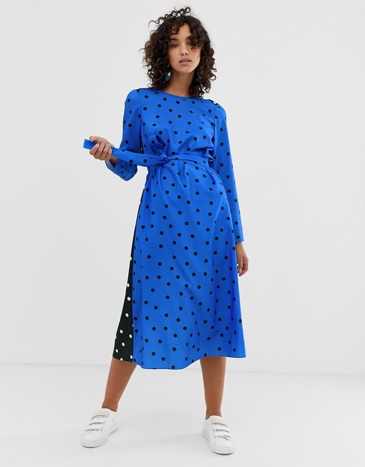 Asos White Long Sleeve Midi Dress In Polka Dot-blue