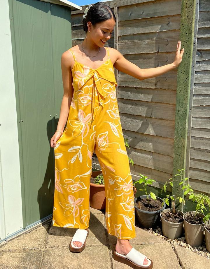 Violet Romance Tie Front Culotte Jumpsuit In Shadow Floral Print-yellow