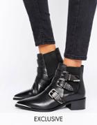 Office Aggy Black Leather Buckle Strap Point Ankle Boots - Black