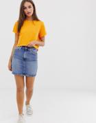 Asos Design Denim Original High Waisted Skirt In Stonewash Blue - Blue