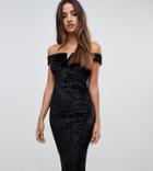 Scarlet Rocks Bardot Crushed Velvet Midi Dress In Black