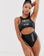 Asos Design Reflective Underboob High Neck Swimsuit In Black With Reflective Print