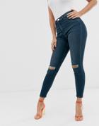 Asos Design Ridley High Waisted Skinny Jeans In Dark Stonewash Blue With Busted Knees