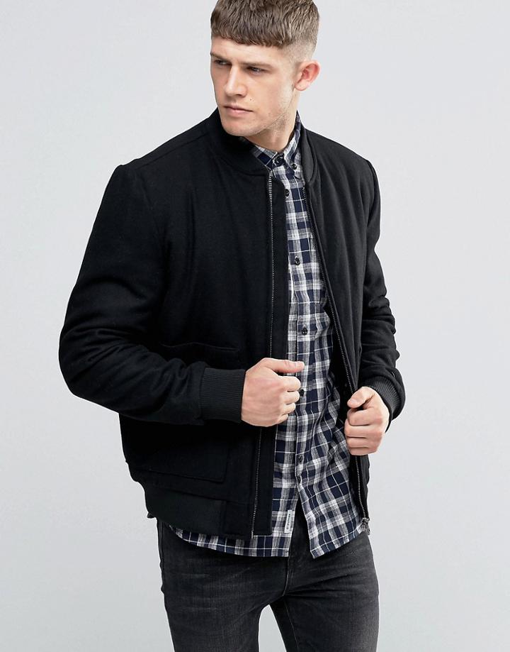 Bellfield Black Melton Wool Mix Bomber - Black