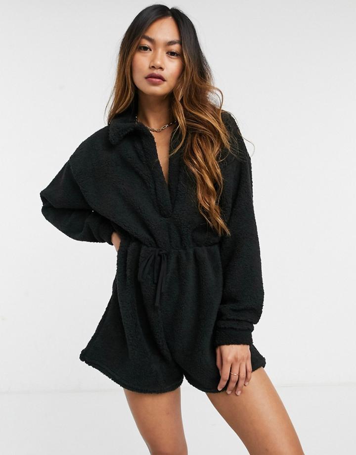 Asos Design Fleece Tie Waist Romper In Black