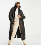 Asos Design Tall Hero Leather Look Quilted Trench Coat In Brown