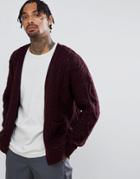 Asos Design Heavyweight Cable Knit Cardigan In Burgundy - Red