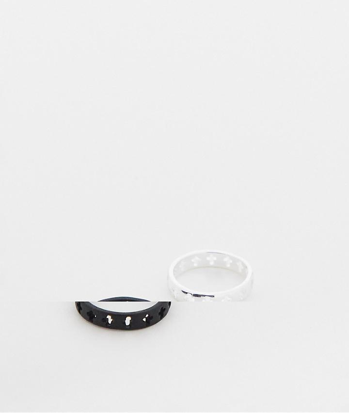 Asos Design 2 Pack Band Rings With Cross Cut Outs In Silver And Matte Black-multi