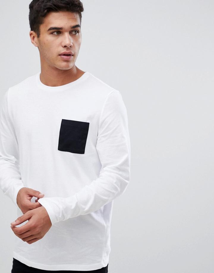 Asos Design Long Sleeve T-shirt With Contrast Pocket In White - White