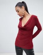 Boohoo Cowl Neck Slinky Top In Burgundy - Purple