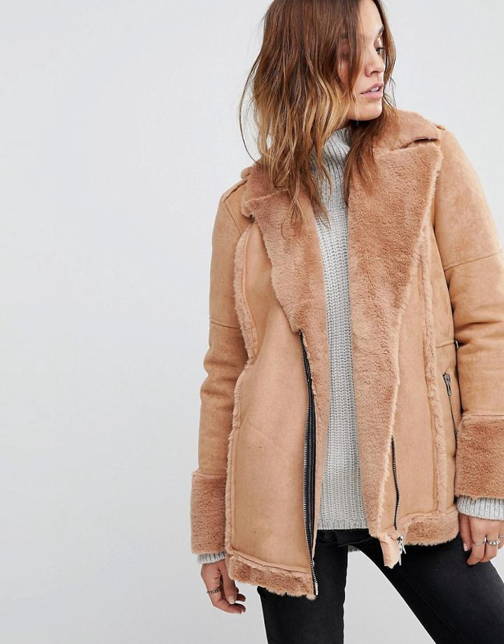 Religion Oversized Biker Jacket With Faux Fur Lining - Tan