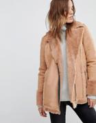 Religion Oversized Biker Jacket With Faux Fur Lining - Tan