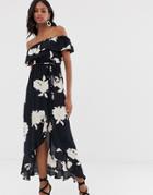 River Island Bardot Dress With Tie Waist In Floral Print - Navy