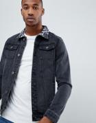 Liquor N Poker Denim Jacket With Leopard Collar In Black - Black