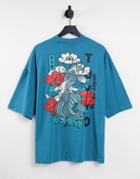 Asos Design Oversized T-shirt In Teal Green With Fish Back Print