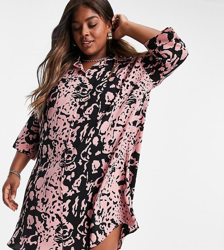 Urban Threads Plus Oversized Animal Print Shirt Dress-pink