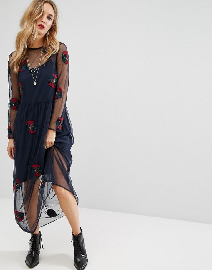 Mango Embroidered Mesh Overlay Midi Dress - Black
