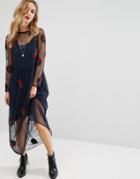 Mango Embroidered Mesh Overlay Midi Dress - Black