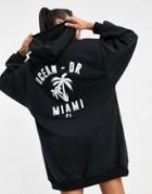 Asos Design Oversized Mini Sweatshirt Hoodie Dress In Black With Ocean Drive Miami Print