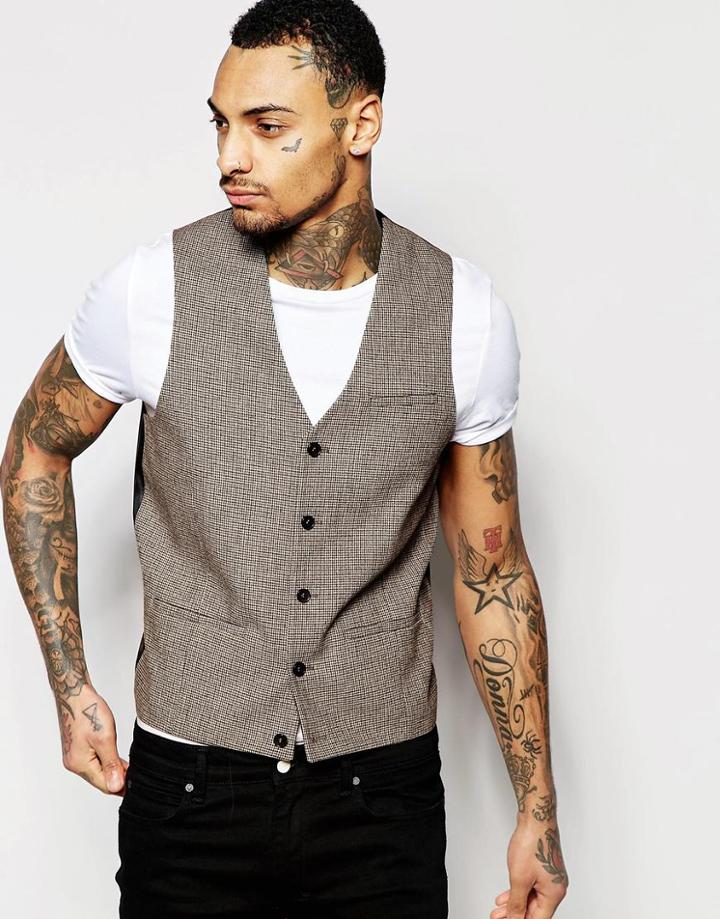 Asos Super Skinny Waistcoat In Dogstooth In Brown - Brown