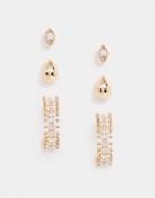 Asos Design Pack Of 3 Earrings With Cubic Zirconia Hoops And Stud In Gold Tone