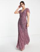 Beauut Bridesmaid Embellished Maxi Dress With Flutter Sleeves In Mauve-purple