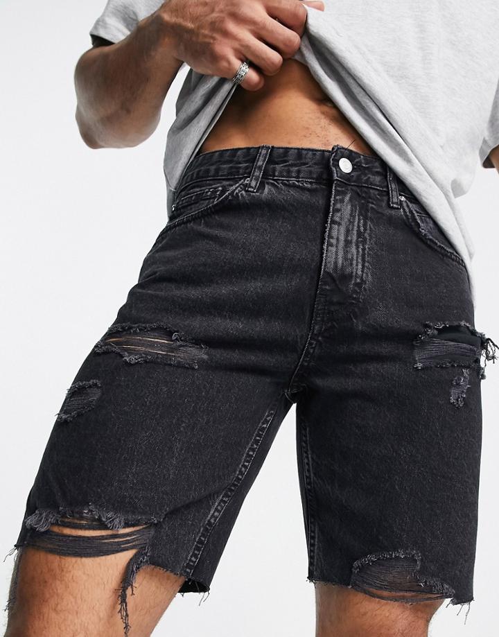 Pull & Bear Straight Fit Denim Shorts With Rips In Black