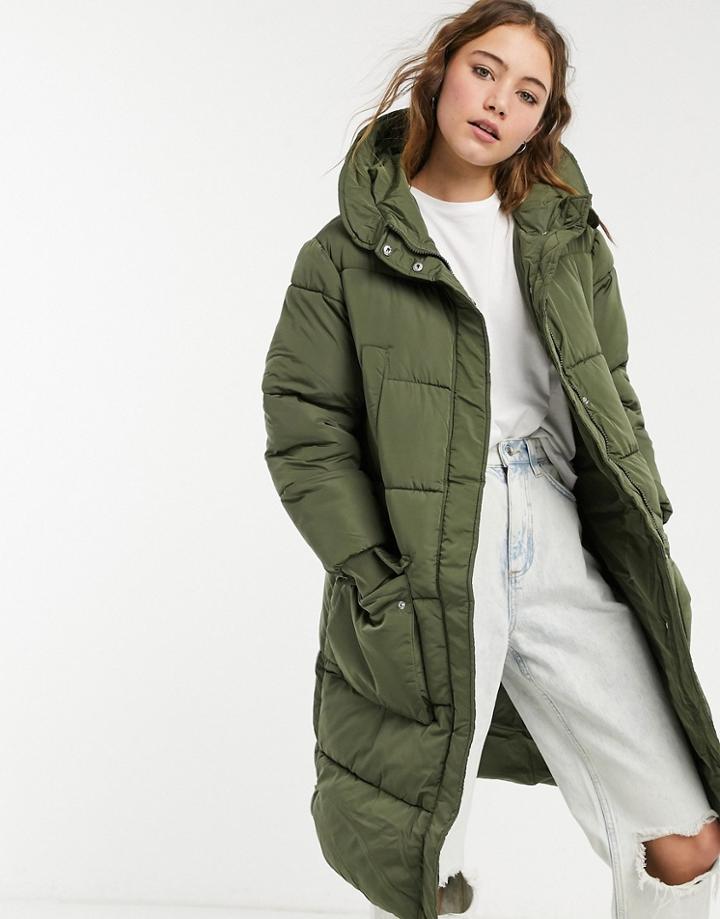 Pieces Padded Longline Coat In Khaki-green