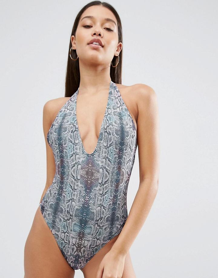 Asos High Leg Snake Print Plunge Swimsuit - Multi