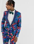 Asos Design Skinny Tuxedo Suit Jacket In Fish Print - Blue