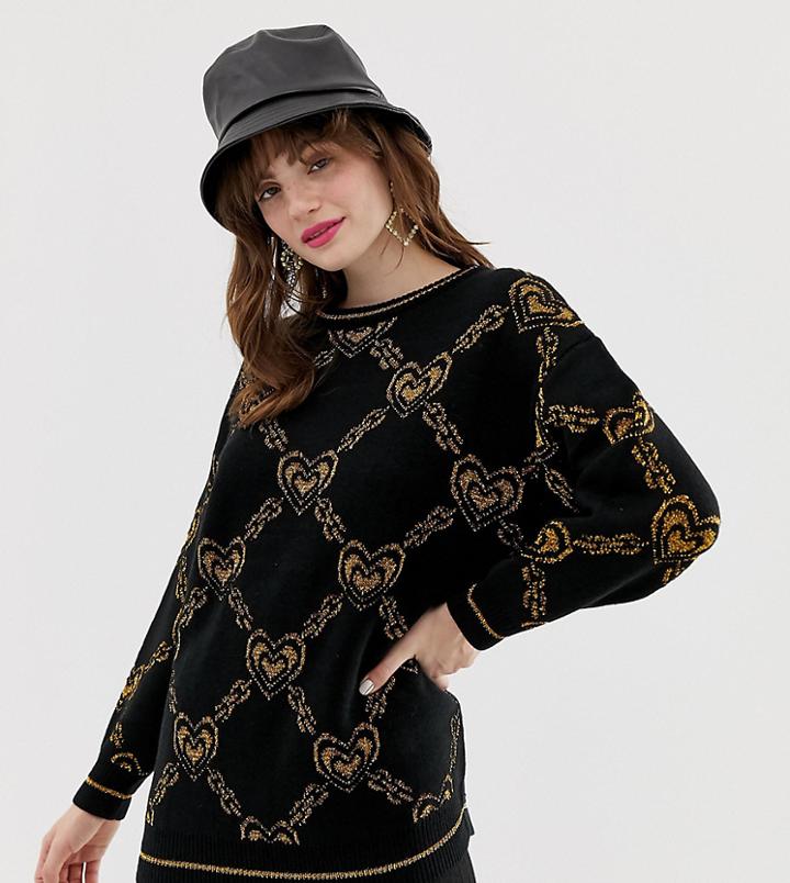 Monki Oversized Sweater With Gold Chain And Heart Print In Black