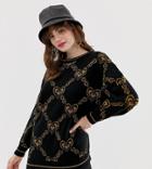 Monki Oversized Sweater With Gold Chain And Heart Print In Black