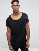 Asos Super Longline T-shirt With Heavy Distressing And Scoop Neck In B