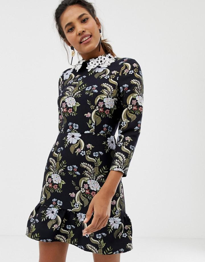Asos Design Jacquard Pephem Mini Dress With Lace Collar - Multi