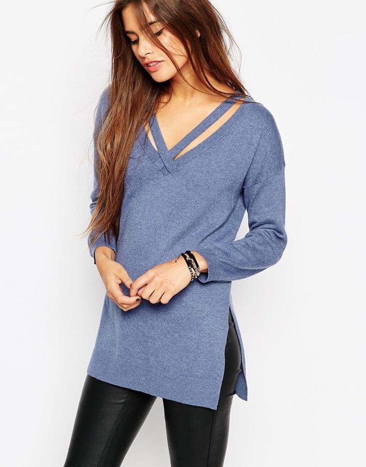 Asos Knit Tunic With Cut Out V-neck - Blue