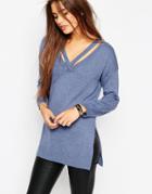 Asos Knit Tunic With Cut Out V-neck - Blue