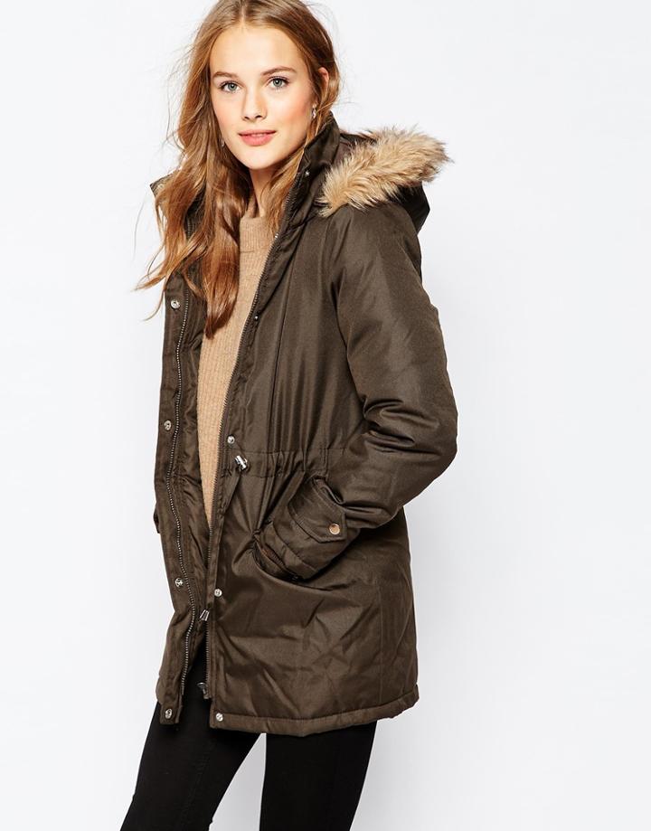 Vila Parka With Faux Fur Hood - Khaki