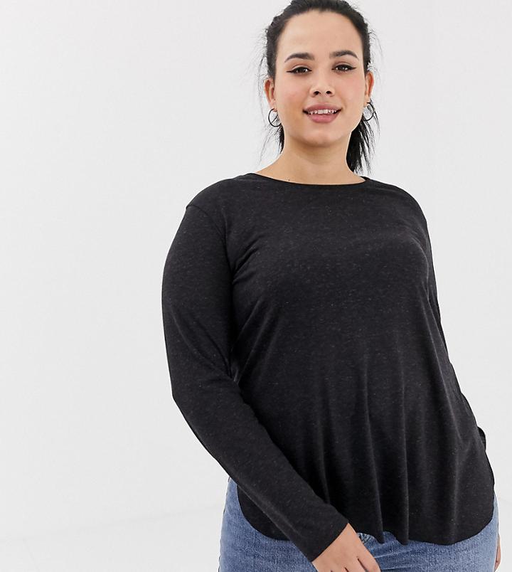 Asos Design Curve Long Sleeve T-shirt In Linen Mix In Black - Black
