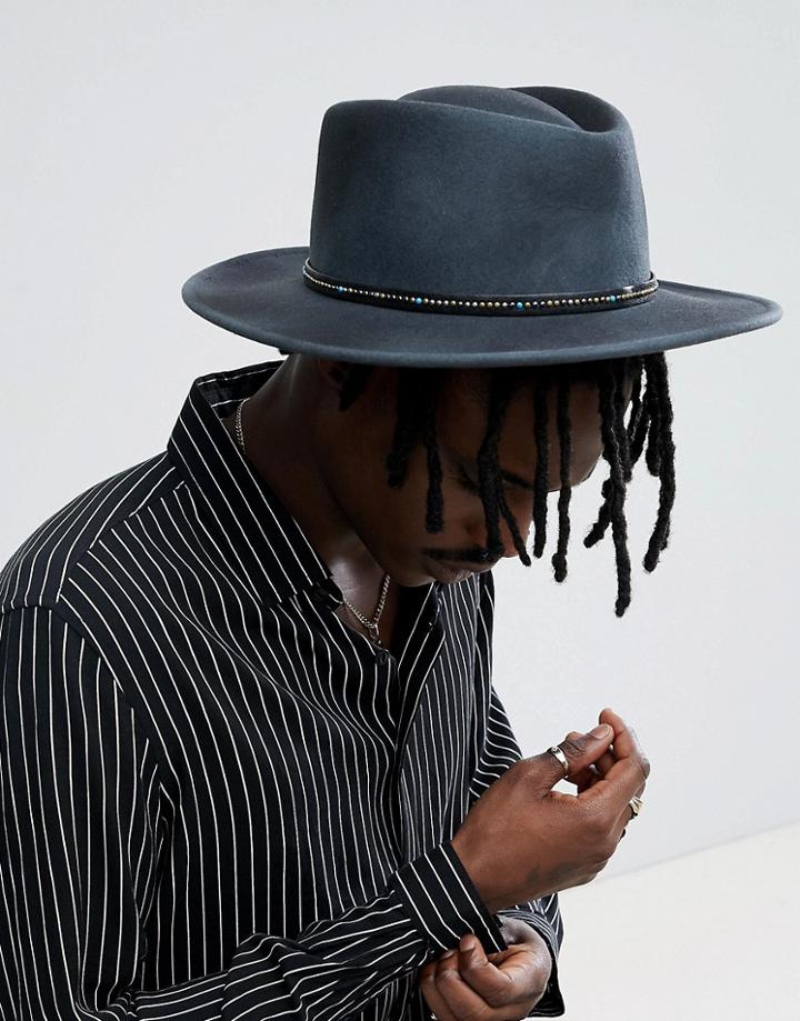 Asos Design Pork Pie Hat With Wide Brim In Gray Distressed Finish And Band Interest - Gray