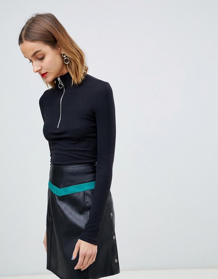 Stradivarius Zip Up Long Sleeve Top - Black
