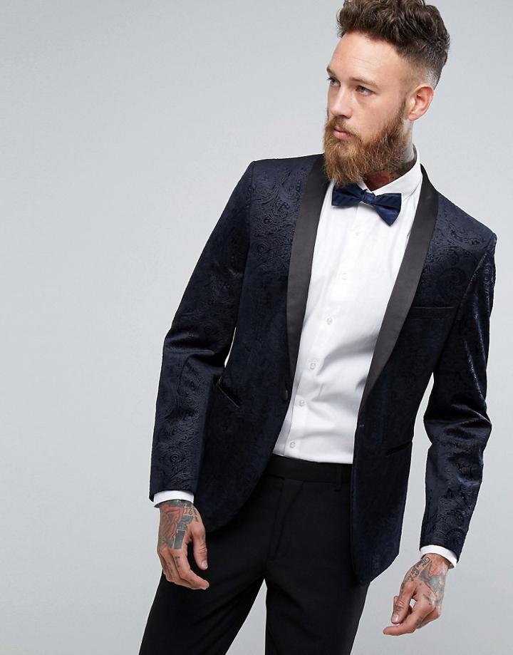 Moss London Skinny Paisley Blazer In Velvet - Navy