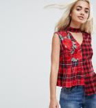 Asos Petite Mixed Check Ruffle Smock Top With Embroidery - Navy