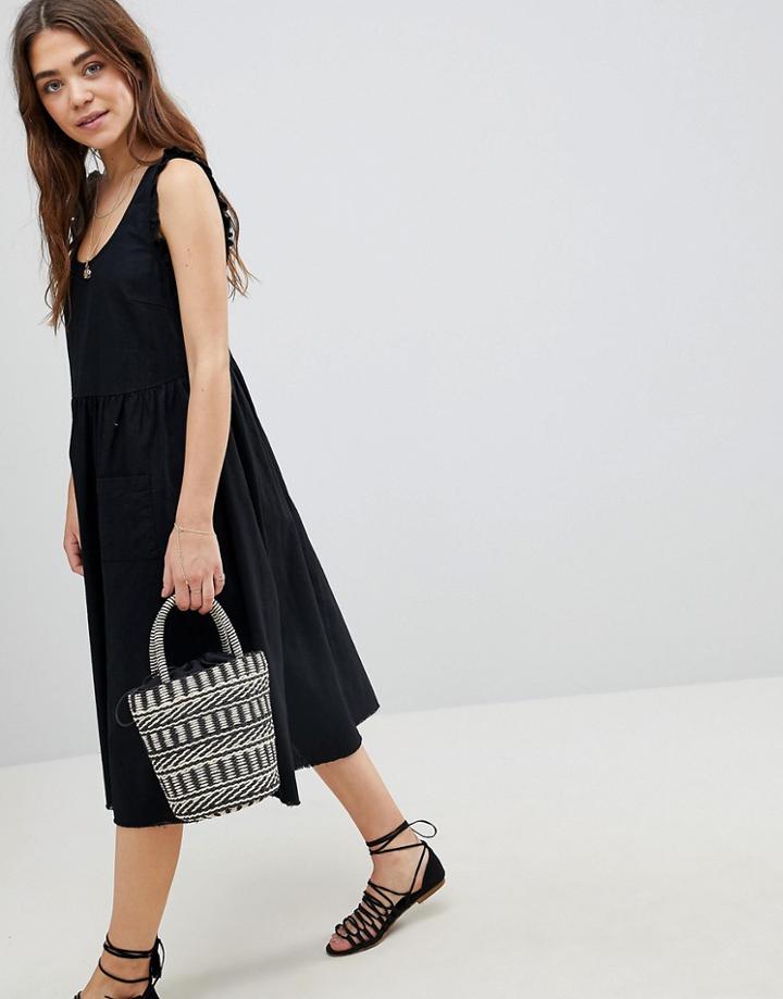 Asos Ruffle Trim Smock Trapeze Midi Dress - Black