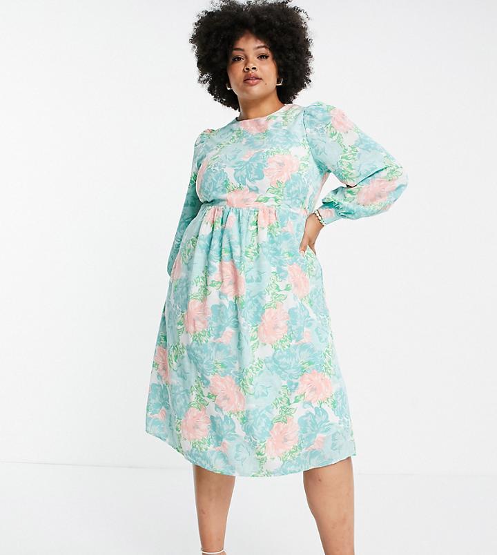 Fashion Union Plus Midi Smock Dress With Balloon Sleeves In Big Bloom Floral-multi