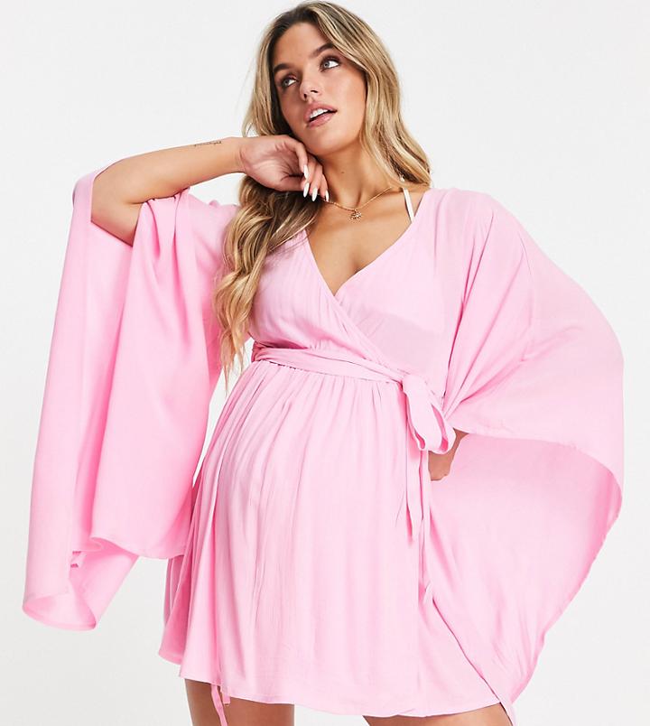 Asos Design Maternity Exaggerated Sleeve Beach Cover Up In Pink-white