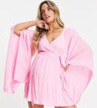 Asos Design Maternity Exaggerated Sleeve Beach Cover Up In Pink-white