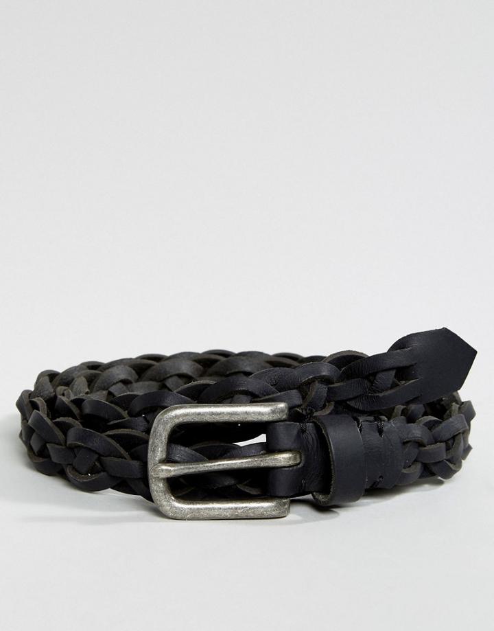 Asos Slim Black Leather Plaited Belt With Silver Buckle - Black