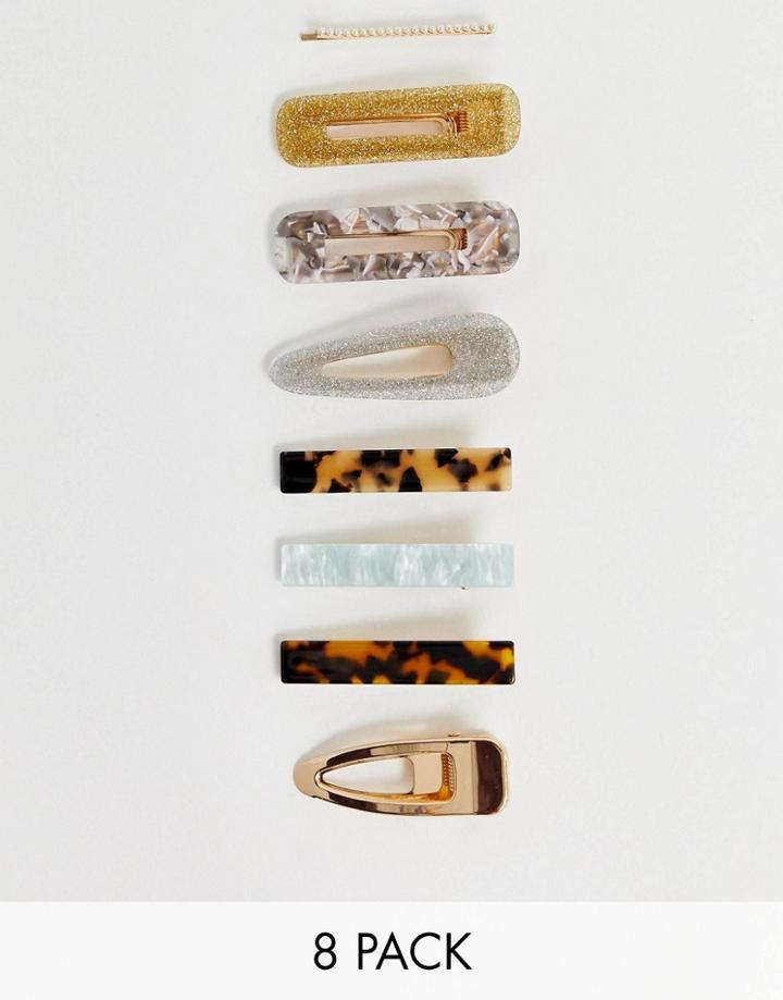 Asos Design Pack Of 8 Hair Clips In Mixed Metals Resin And Pearls - Multi
