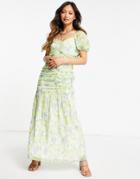 Asos Design Ruched Puff Sleeve Maxi Dress In A White Base With Yellow And Blue Floral Print-multi